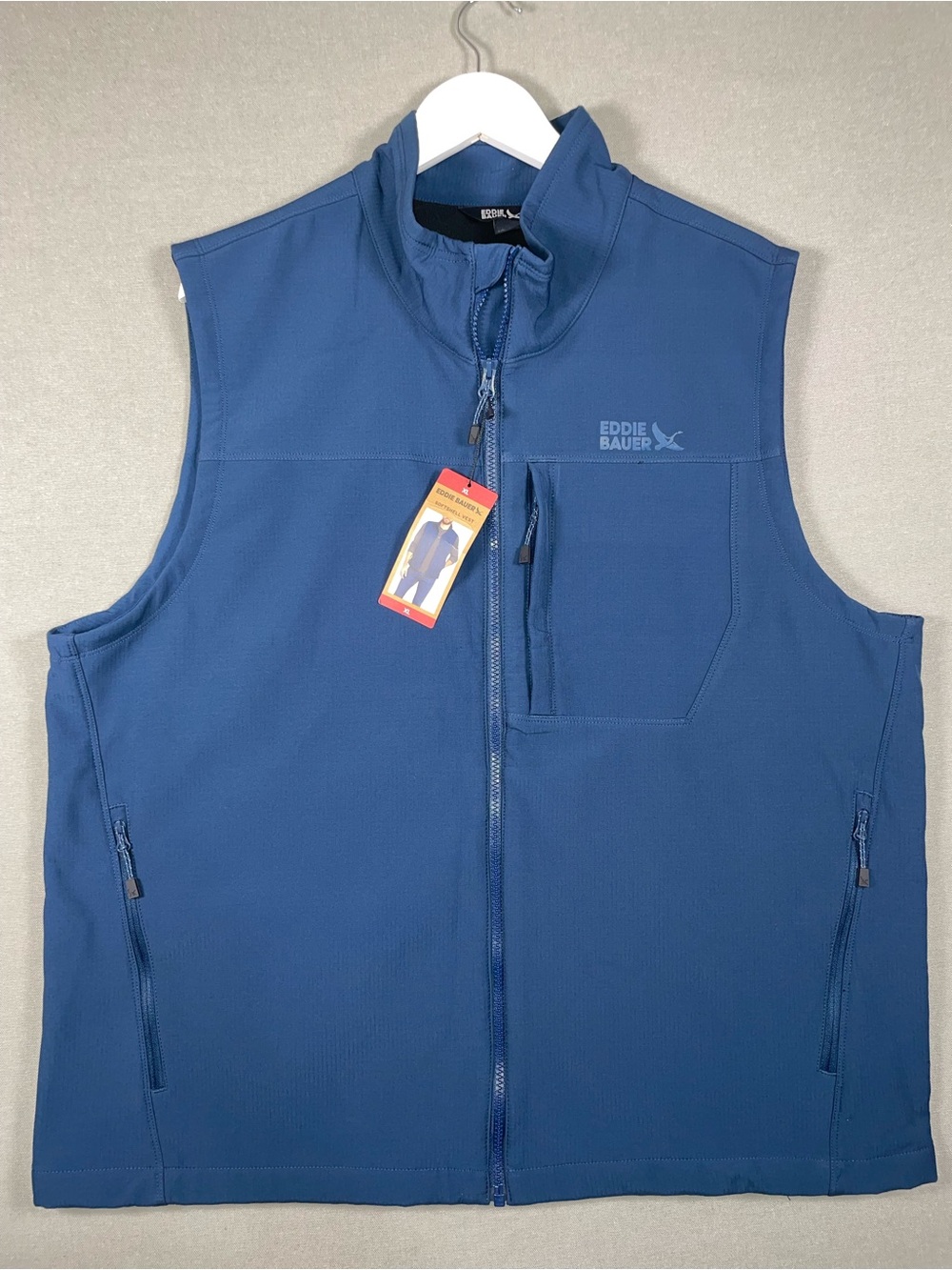 Eddie Bauer Men's Stretch Softshell Vest Full Zip Blue XL NWT Hiking Travel